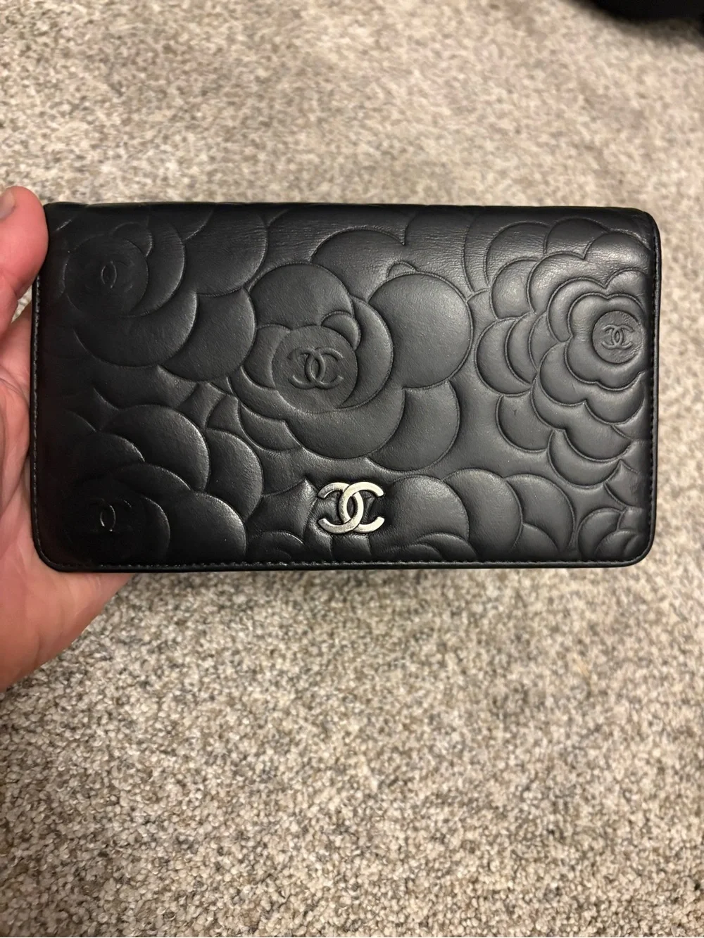 CHANEL Black Quilted Camellia Leather Long Wallet with CC Emblem, VGUC!
